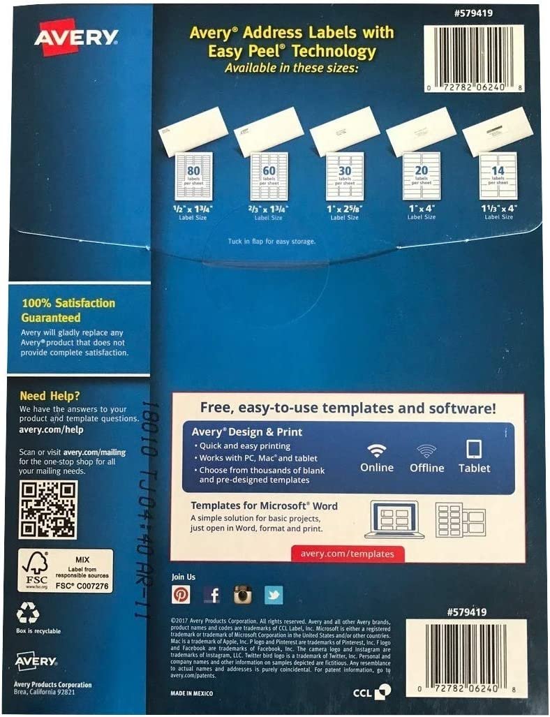 Avery Easy Peel White Address Labels for Laser Printers 6240, 1" x 2-5/8", Box of 4200