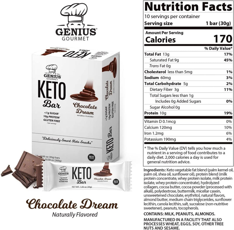 Genius Gourmet Gluten Free Keto Protein Bar, Natural Chocolate Bar, Premium MCTs, Low Carb, Low Sugar