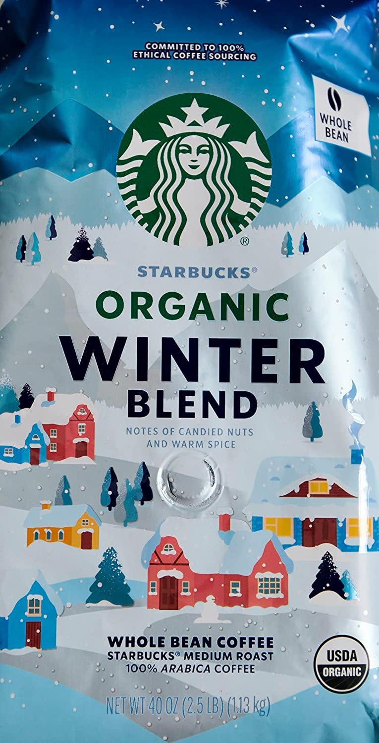 Starbucks Organic Coffee Winter Blend Whole Bean Medium Roast Arabica, Chocolate, 40 Oz