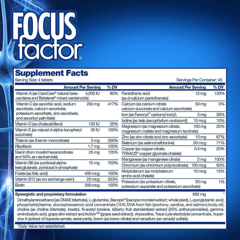 Focus Factor Brain Health Supplement Multivitamin 180 Tablets-B3 B12 Zinc