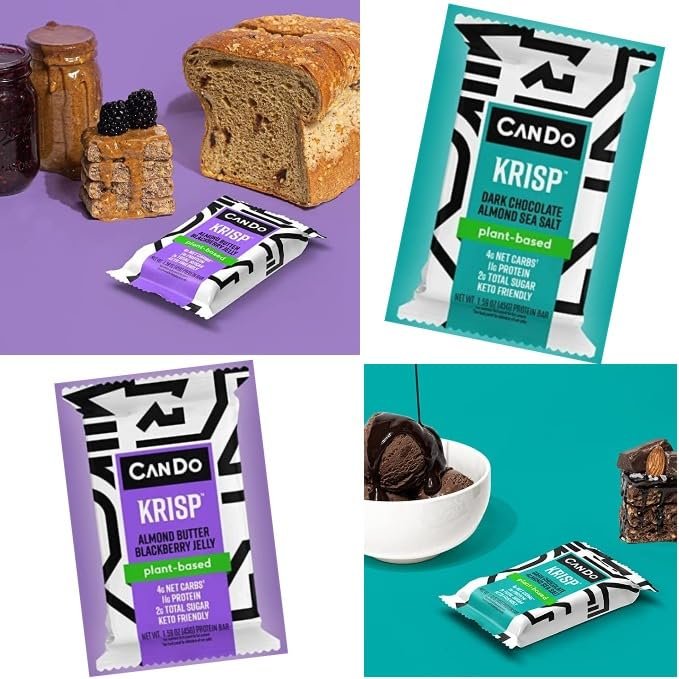 CanDo Krisp - Keto Protein Bar | 14 Variety Pack (7 ct Dark Chocolate Almond Sea Salt, 7 ct Almond Butter Blackberry Jelly) | Low-Carb Snack, Low-Sugar, Plant-based, High Protein Bar, Gluten-Free, Vegetarian, Vegan, Crispy, Perfectly Delicious, Healthy...