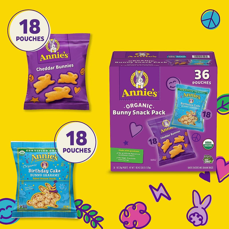 Annie's Organic Birthday Cake Bunny Grahams and Cheddar Bunnies Snack Pack 36 Count, 36 oz