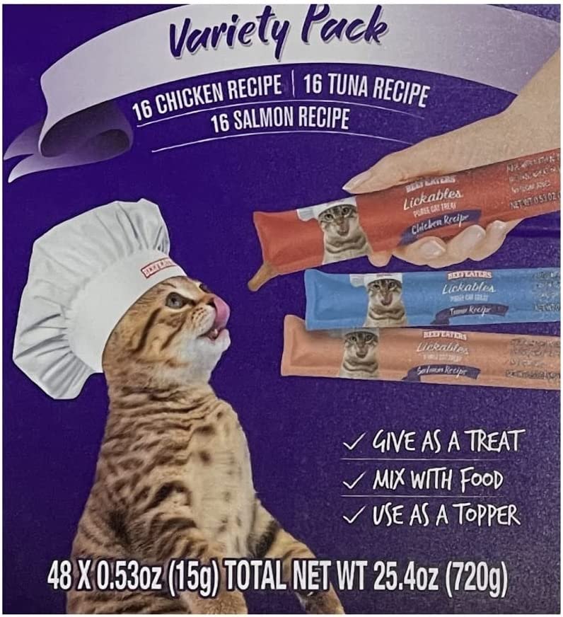 Lickables Puree Cat Treat Variety Pack Give As Treat Mix with Food use as a Topper (48 Count) 25.4 OZ