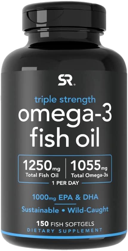 Sports Research Triple Strength Omega 3 Fish Oil - Burpless Fish Oil Supplement w/ EPA & DHA Fatty Acids from Wild Caught Fish - Heart, Brain & Immune Support for Men & Women - 1250 mg, 150 ct