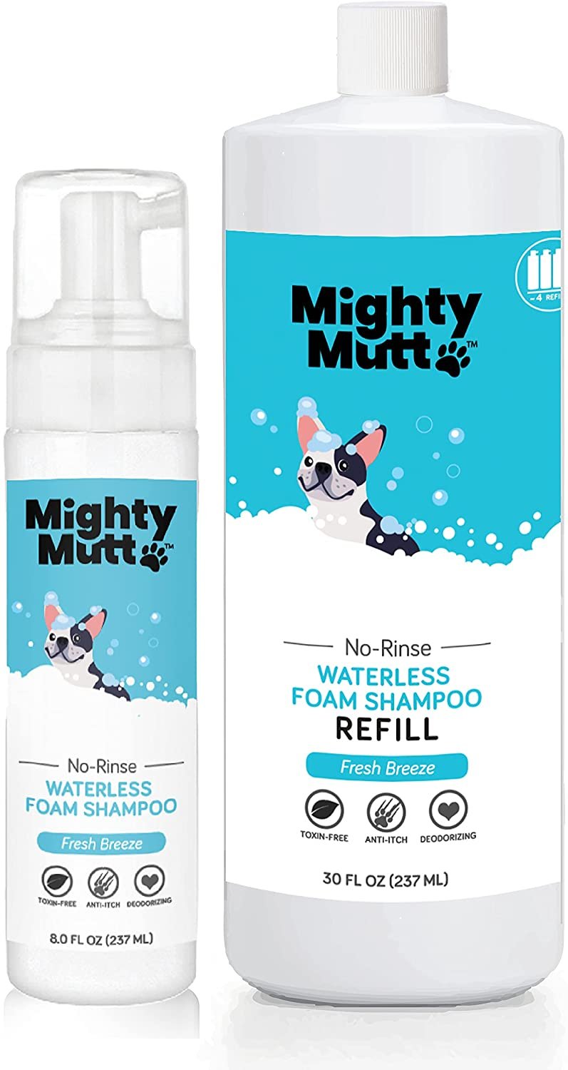 Mighty Mutt Hypoallergenic Waterless Shampoo for Dogs (8 oz) + Refill (30 oz) Bundle | Dry Shampoo for Dogs | Waterless Foam No Rinse | Anti-Itch, Soothing and Deodorizing
