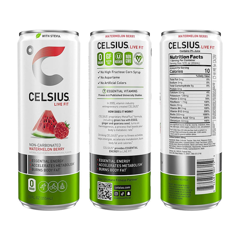CELSIUS Sweetened with Stevia Sparkling Orange Pomegranate Fitness Drink, Zero Sugar, 12oz. Slim Can, 12 Pack