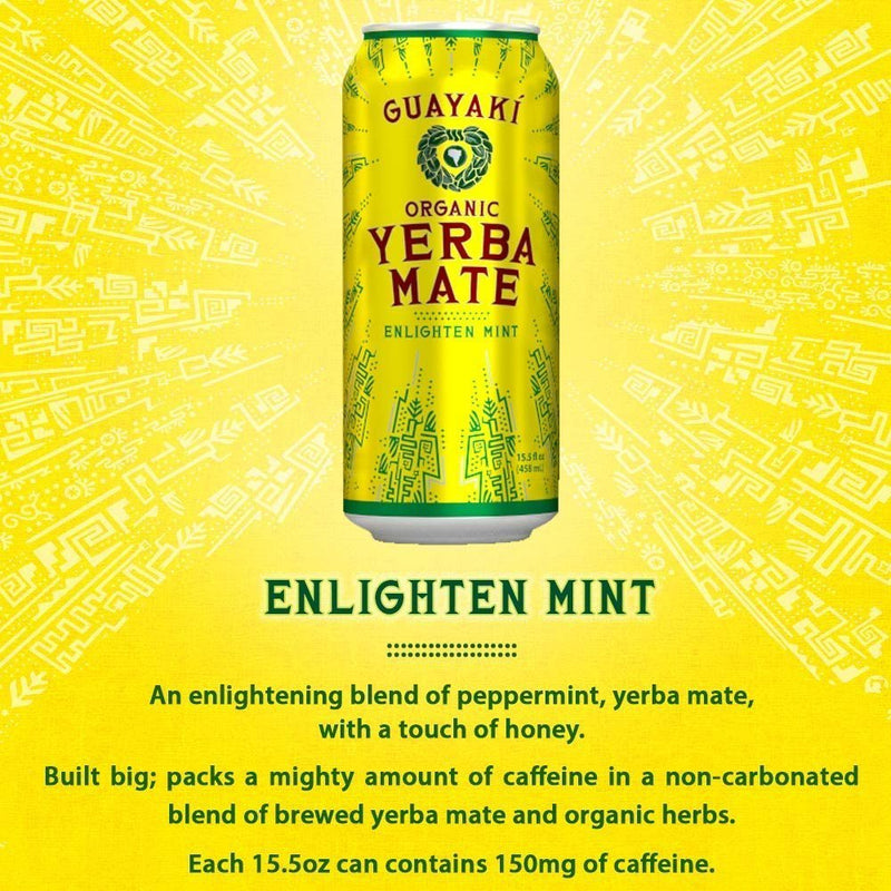 Guayaki Yerba Mate, Enlighten Mint, Organic Alternative to Energy, Coffee and Tea Drinks, 15.5 Ounce Cans, (Pack of 12), 150mg Caffeine