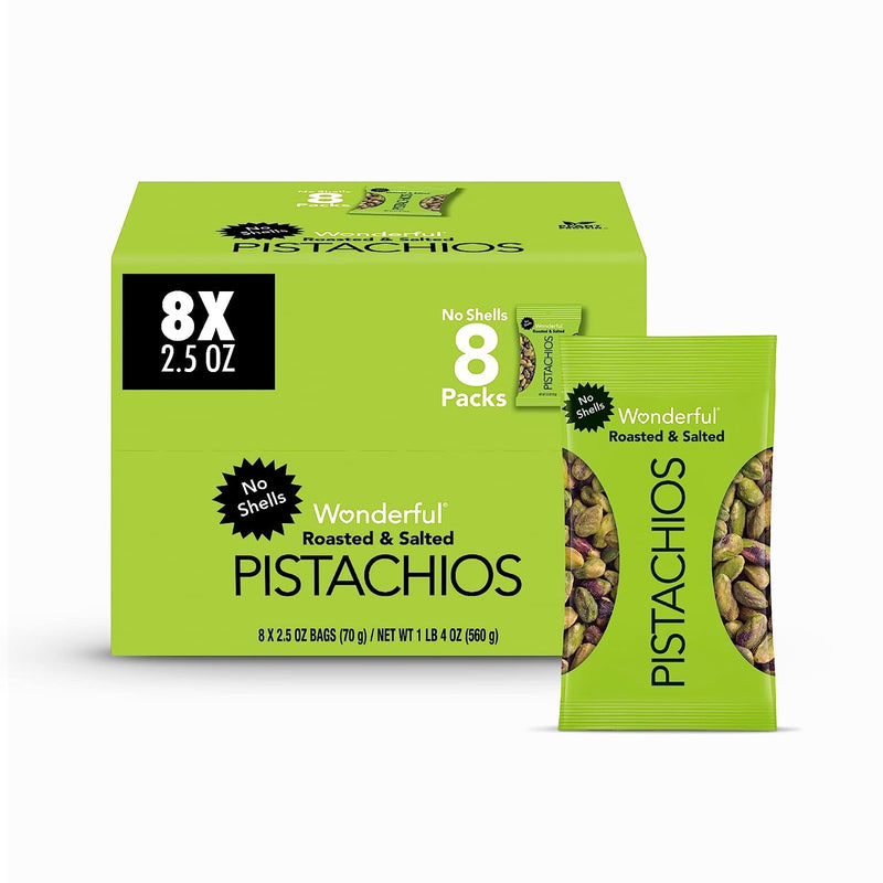 Wonderful Pistachios, No Shells, Roasted & Salted Nuts, 2.5oz (Pack of 8)