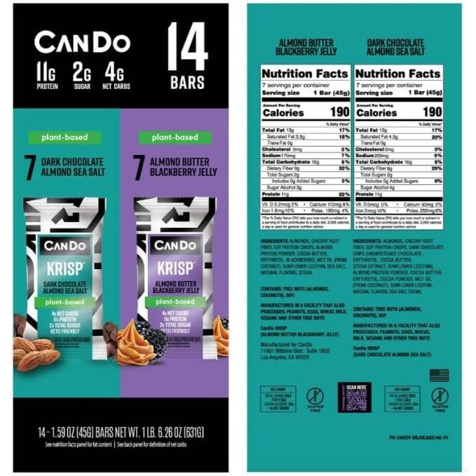 CanDo Krisp - Keto Protein Bar | 14 Variety Pack (7 ct Dark Chocolate Almond Sea Salt, 7 ct Almond Butter Blackberry Jelly) | Low-Carb Snack, Low-Sugar, Plant-based, High Protein Bar, Gluten-Free, Vegetarian, Vegan, Crispy, Perfectly Delicious, Healthy...