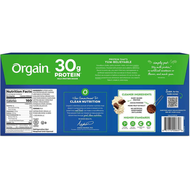 Orgain Milk 30g Protein Shake, Chocolate Fudge, 11 Fluid Ounce (Pack of 18)
