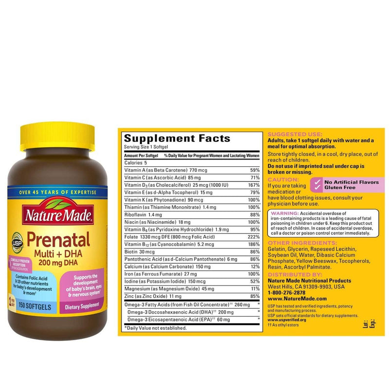 Nature Made Nature Made Prenatal + Dha 200 mg Dietary Supplement (Netcount 150 Soft Gels), 150Count ()
