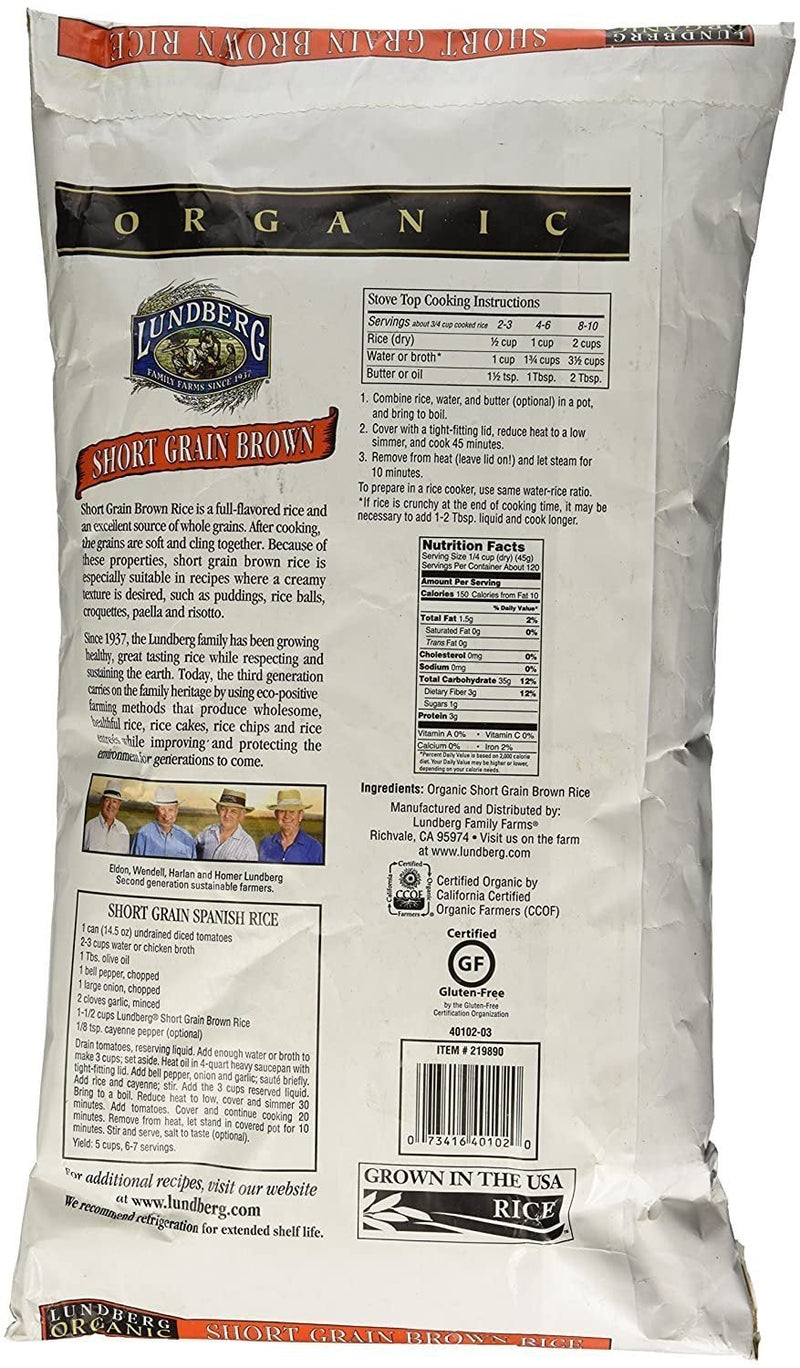 Lundberg Farms USDA ORGANIC Short Brown Rice Gluten Free 12 LB