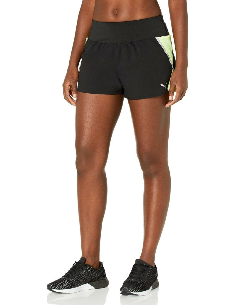 PUMA Women's 2 in 1 Running LITE Shorts, Black-Fizzy Yellow, XL