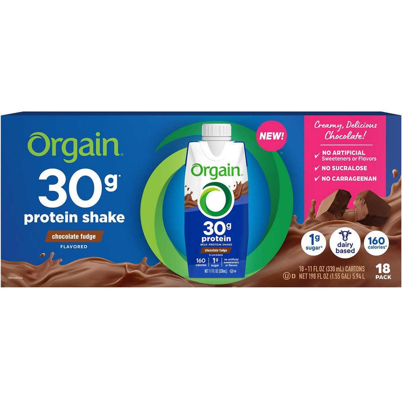Orgain Milk 30g Protein Shake, Chocolate Fudge, 11 Fluid Ounce (Pack of 18)