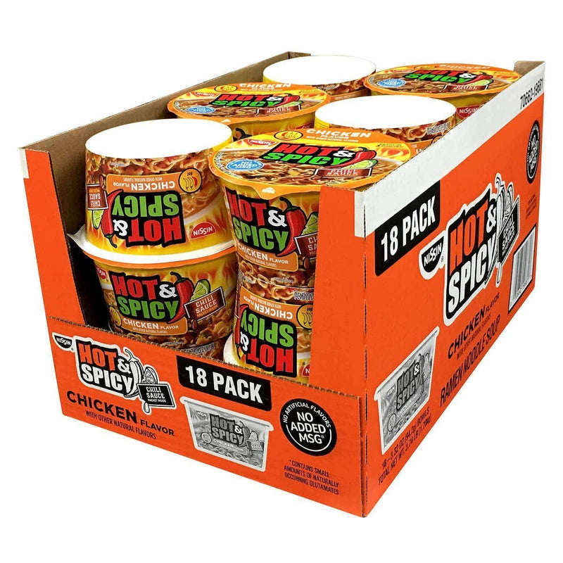 Nissin Hot and Spicy Chicken Flavor Ramen Noodle Soup, 3.32 Ounce (Pack of 18)