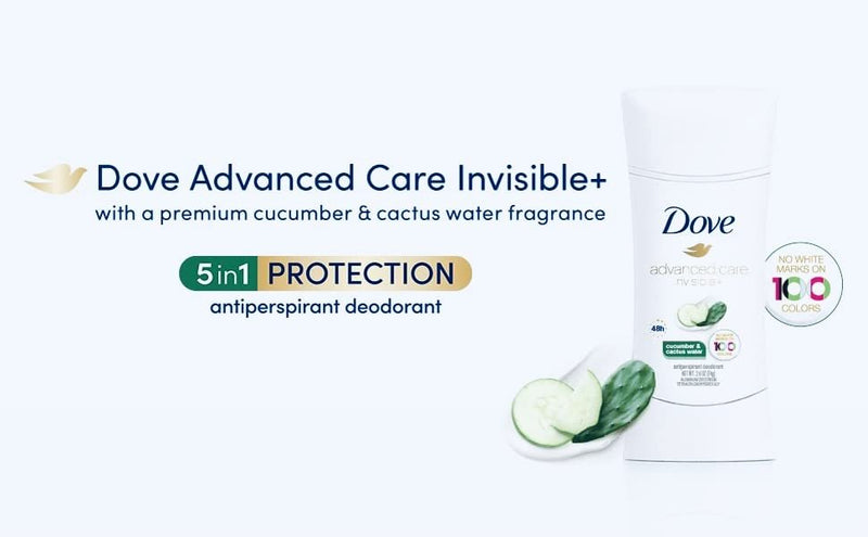 Dove Advanced Care Invisible+ Antiperspirant Deodorant Stick, Cucumber and Cactus Water, 2.6 oz, 4 ct