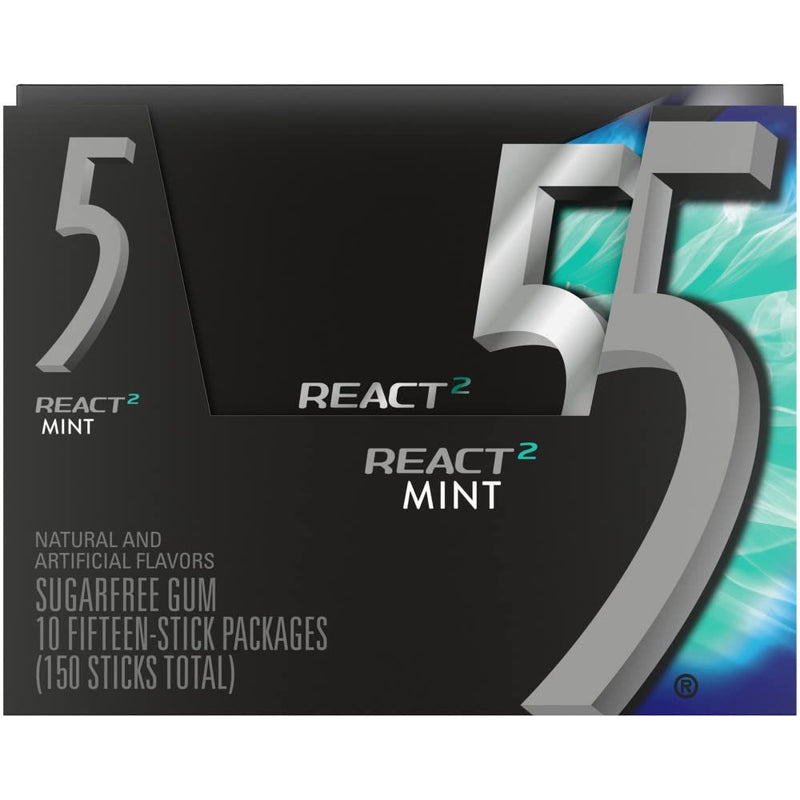 5 GUM React Mint Gum Sugar Free Chewing Gum Bulk, 15 Stick Box (10 Pack)