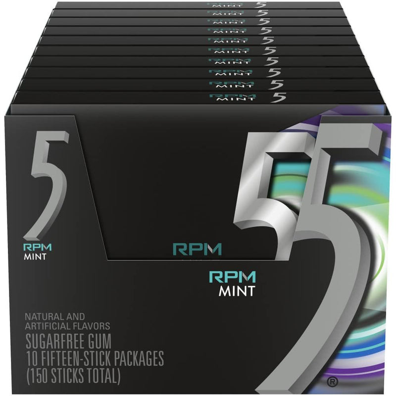 5 Gum RPM Mint Sugarfree Gum, 15 Count (Pack of 10)